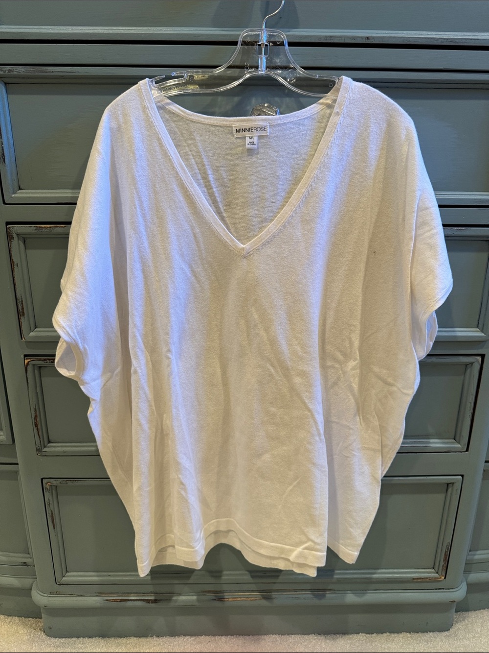 Minnie Rose White V-Neck Draped Short Sleeve Tee